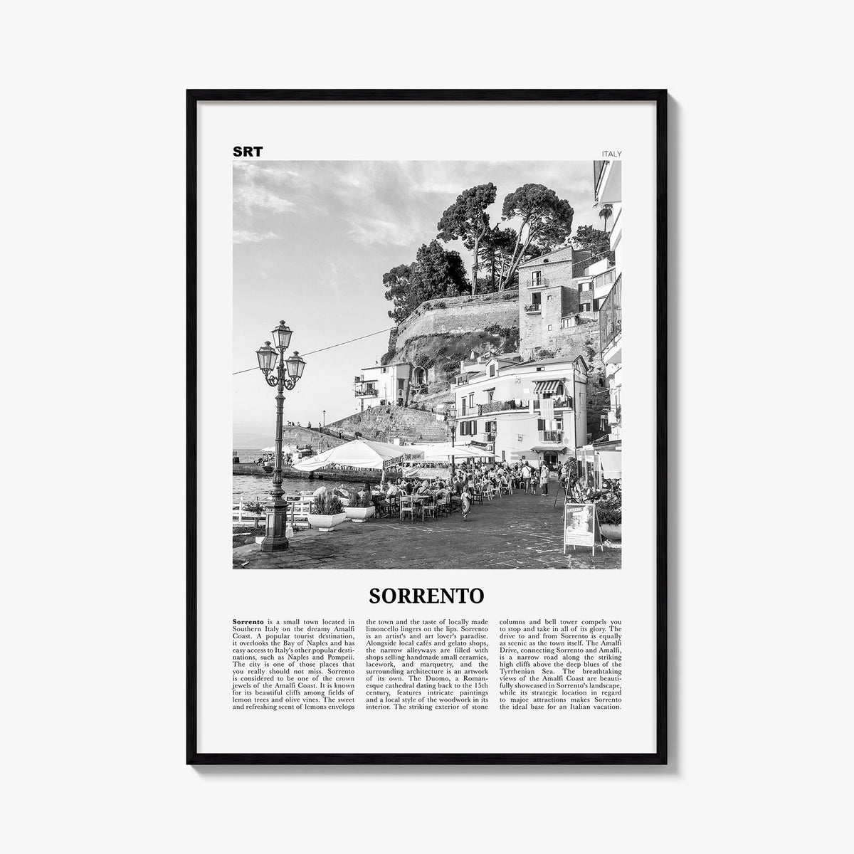 Sorrento, Italy black & white newspaper poster of Italy – vertical wall art, unframed print shown in interior mockup