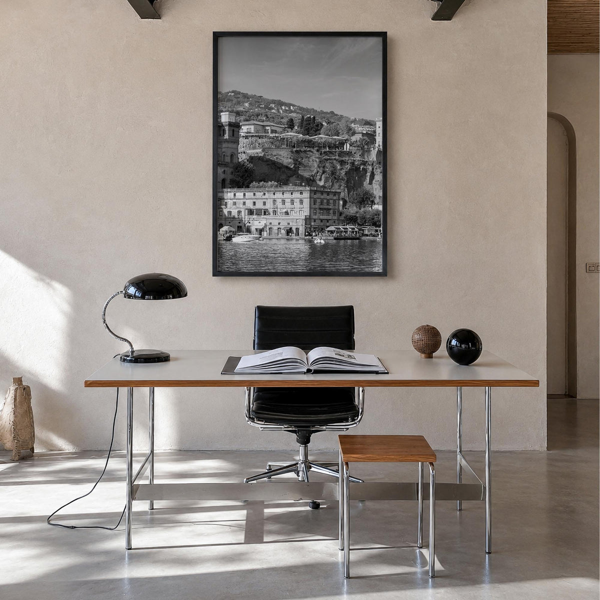 Sorrento, Italy black & white photo poster of Italy – vertical wall art in black wood frame, hanging on wall