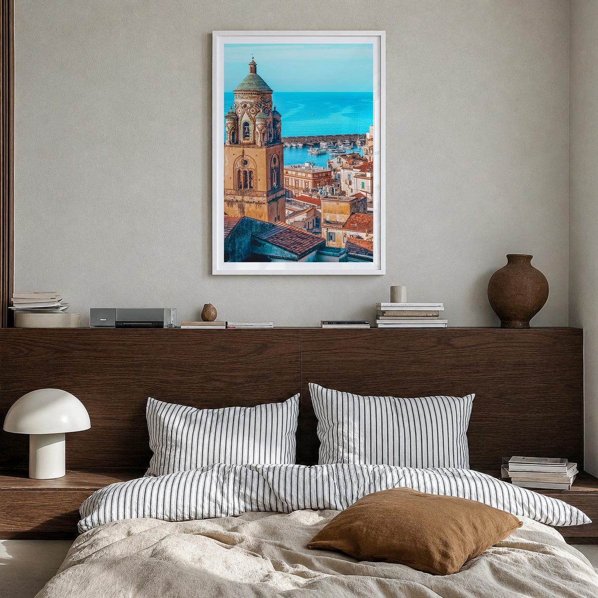 Sorrento, Italy colorful photo poster of Italy – vertical wall art in white wood frame with white border, hanging on wall