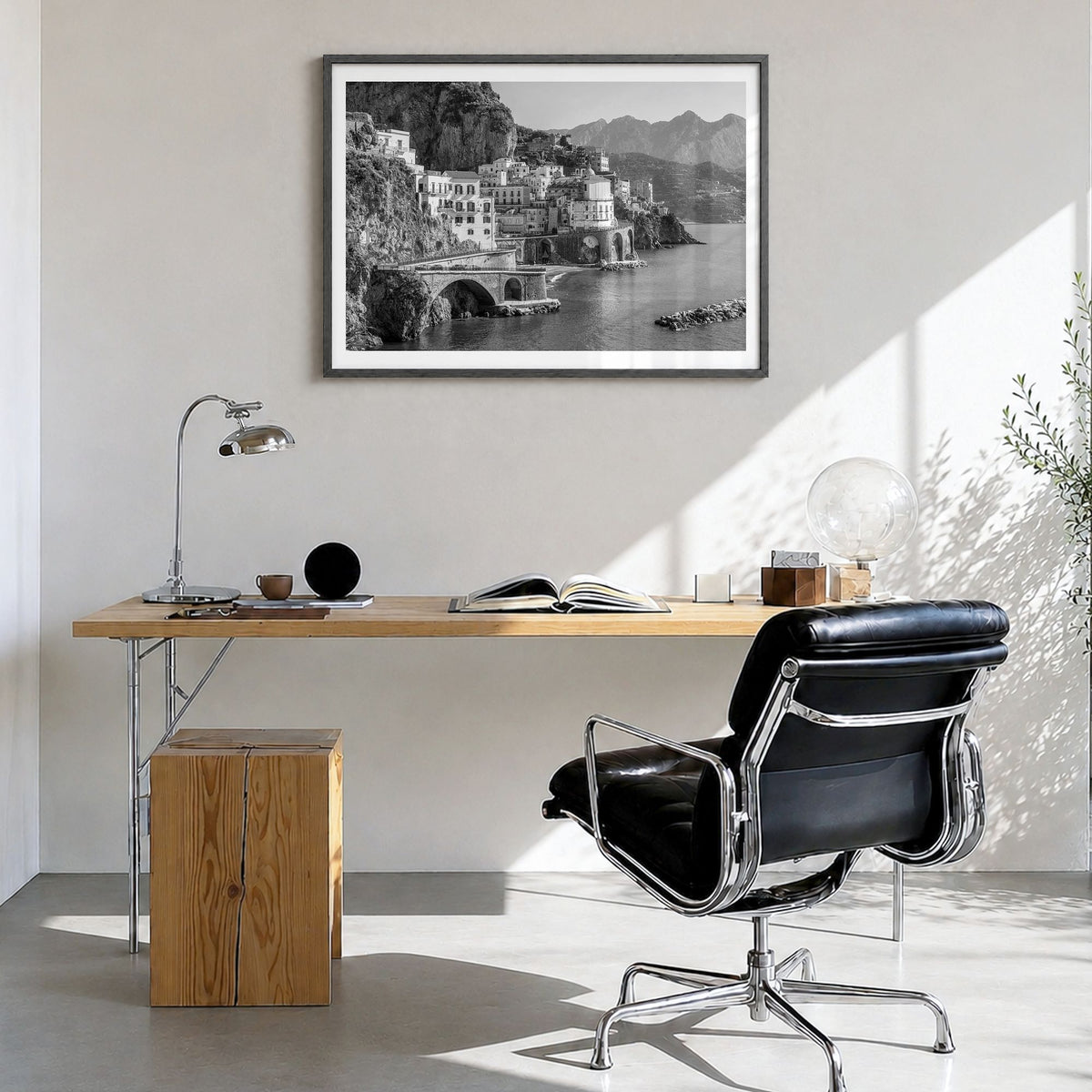 Sorrento, Italy Photo Poster in a black wood frame, hanging in a bright home office, white border