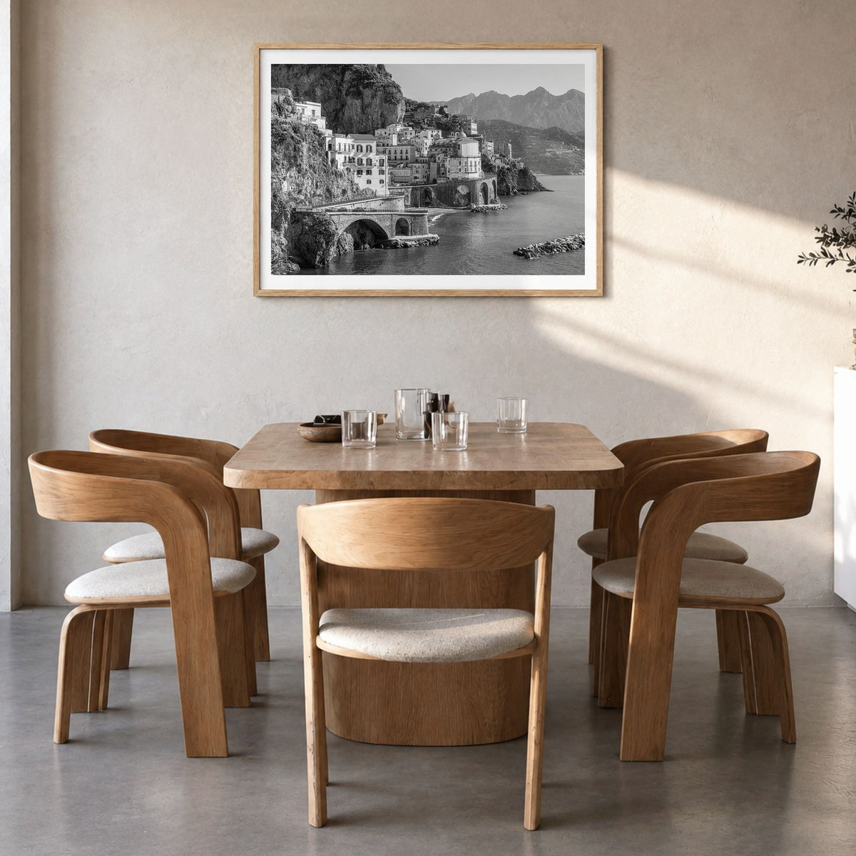 Sorrento, Italy Photo Poster in a natural wood frame, hanging in a dining room, white border