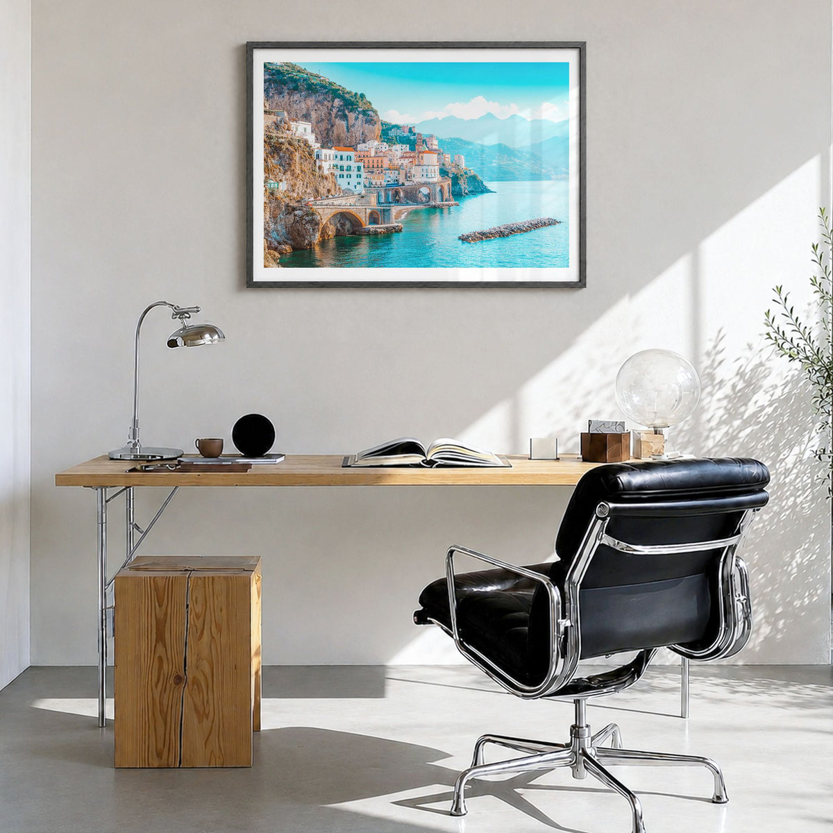 Sorrento, Italy Photo Poster in a black wood frame, hanging in a bright home office, white border