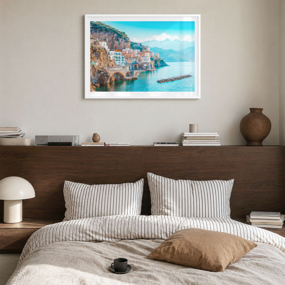Sorrento, Italy Photo Poster in a white wood frame, hanging in a bedroom, white border