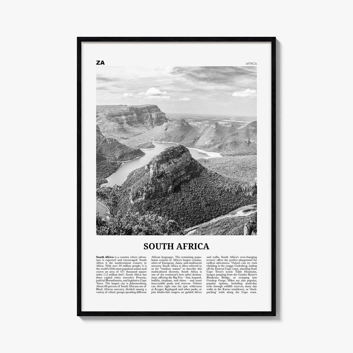 South Africa black & white newspaper poster of Africa – vertical wall art, unframed print shown in interior mockup