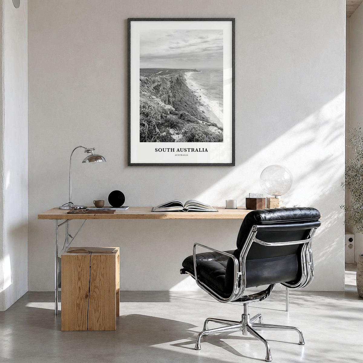 South Australia Classic Poster in a black wood frame, hanging in a bright home office