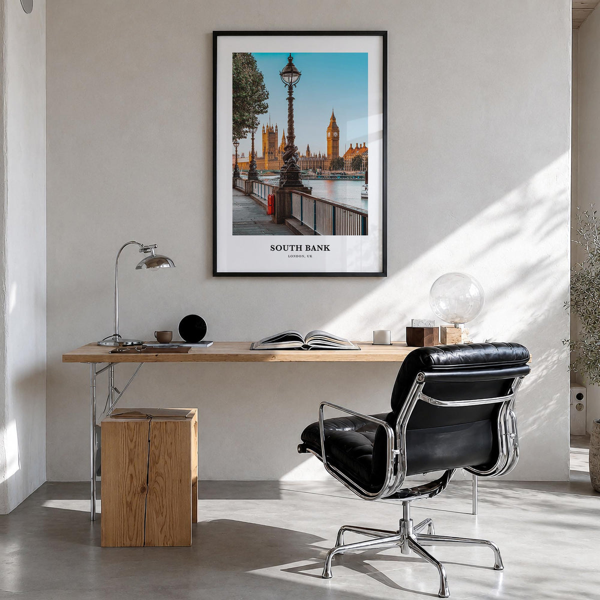 South Bank colorful classic poster of London, England – vertical wall art in black wood frame, hanging on wall