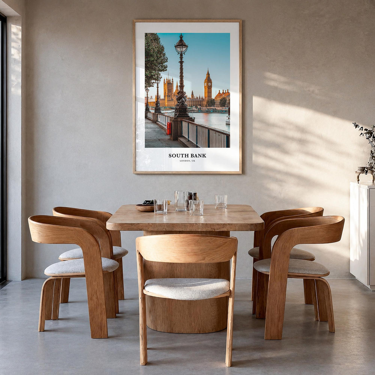 South Bank colorful classic poster of London, England – vertical wall art in natural wood frame, hanging on wall
