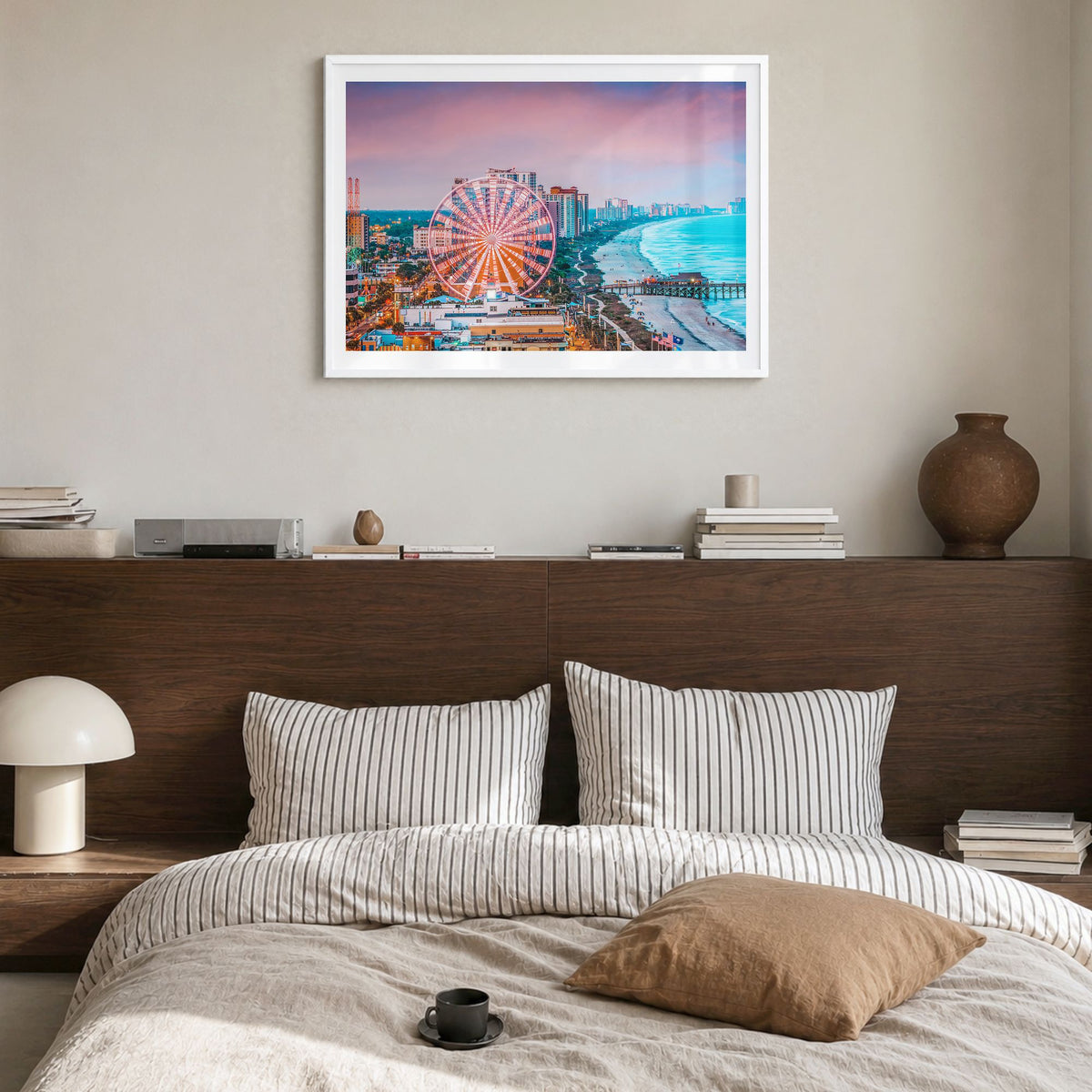 South Carolina Photo Poster in a white wood frame, hanging in a bedroom, white border