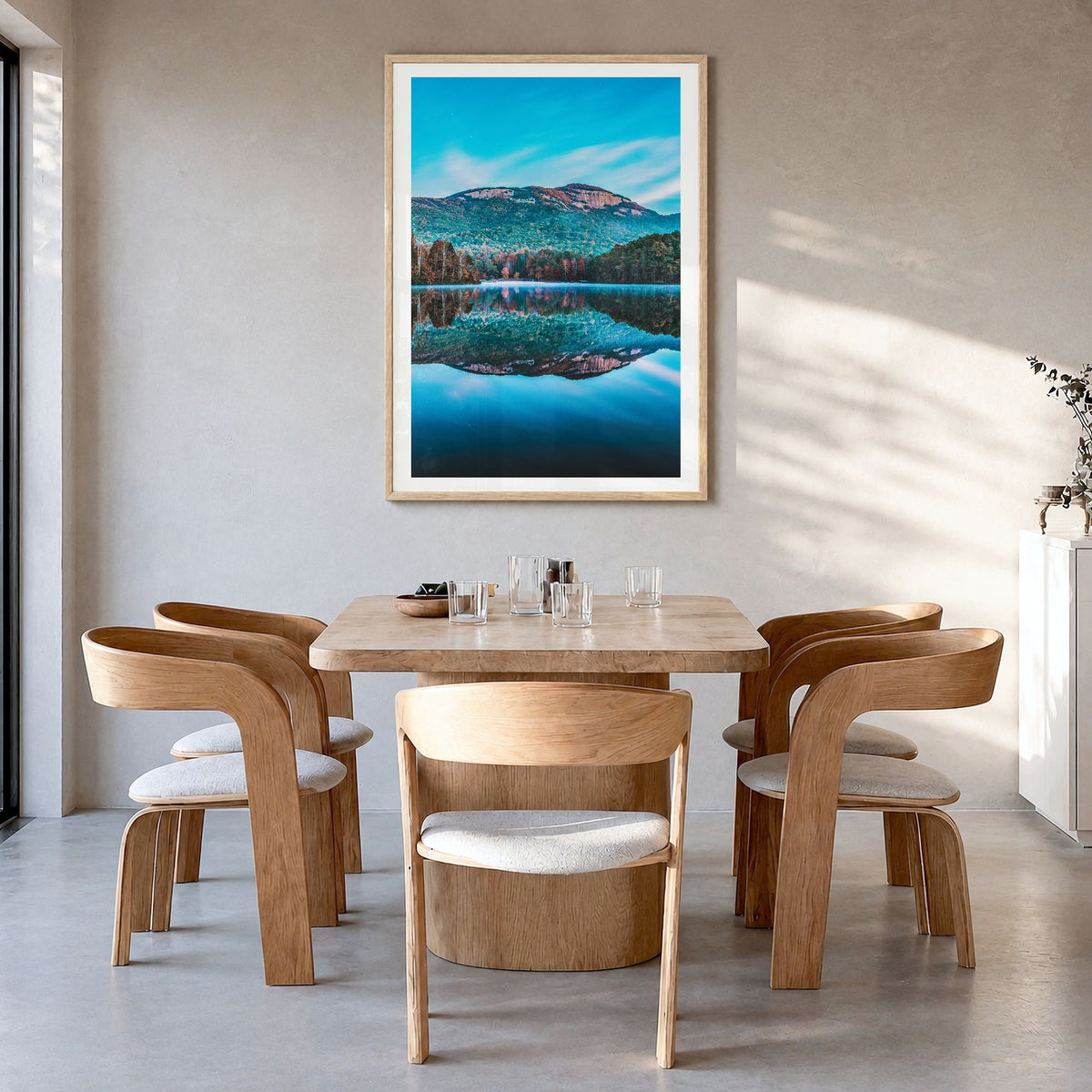 South Carolina Photo No 1 Poster in a natural wood frame, hanging in a dining room, white border