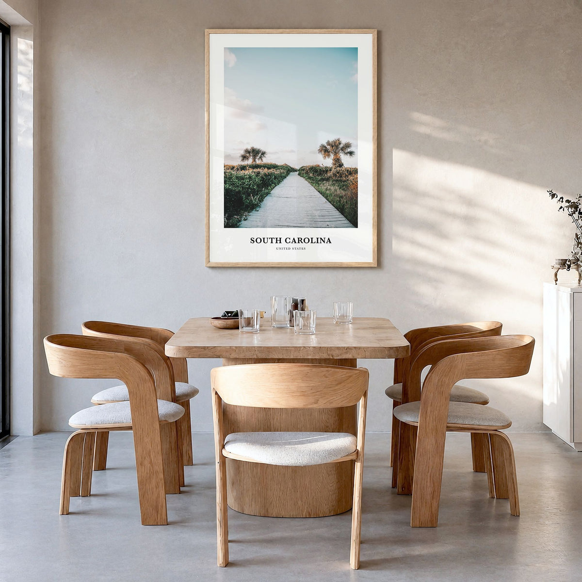South Carolina Classic No 1 Poster in a natural wood frame, hanging in a dining room