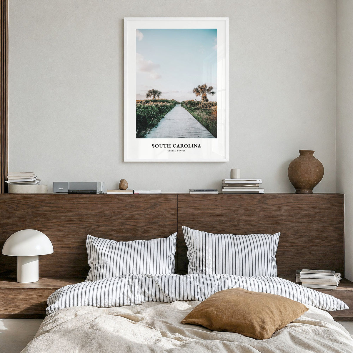 South Carolina Classic No 1 Poster in a white wood frame, hanging in a bedroom