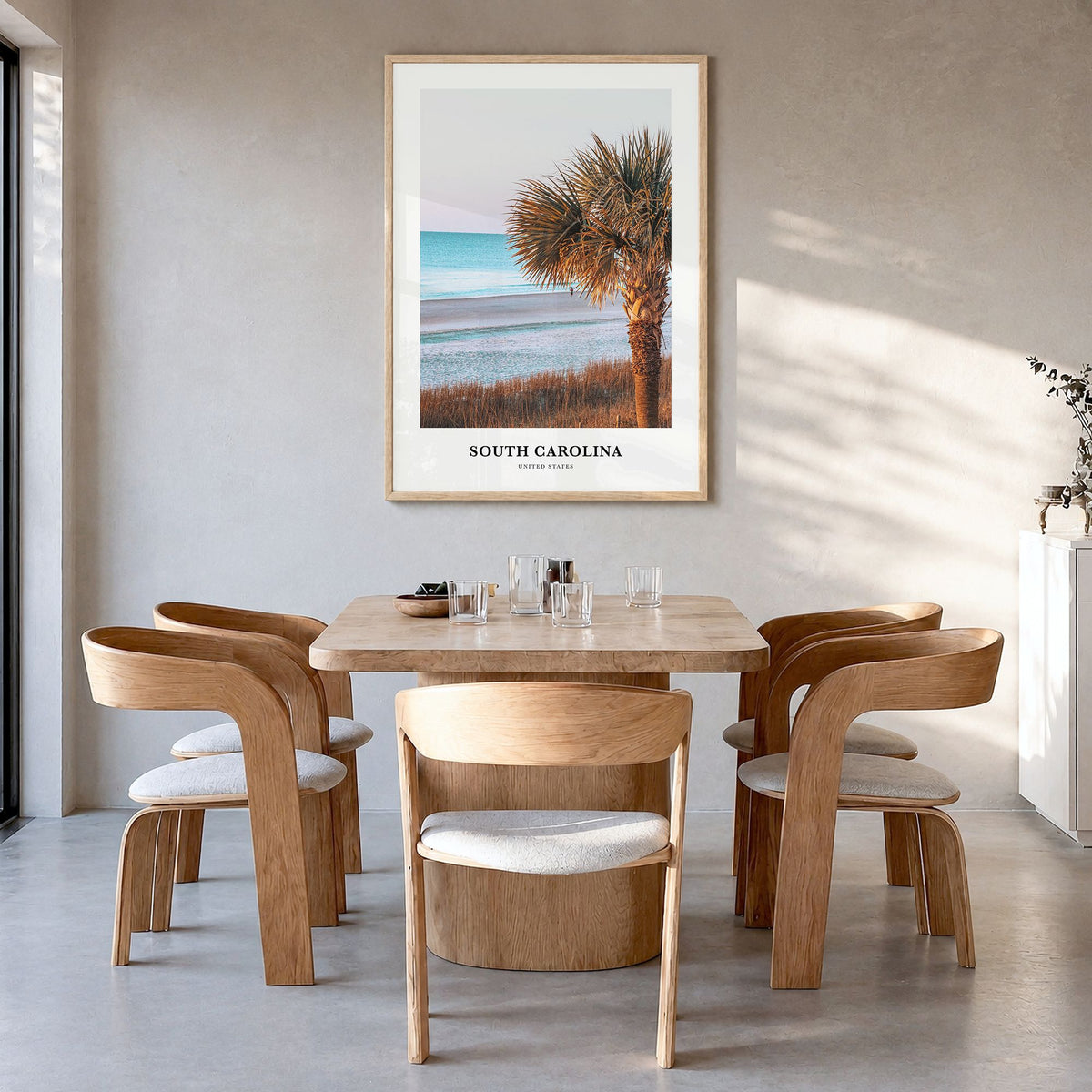 South Carolina Classic No 2 Poster in a natural wood frame, hanging in a dining room