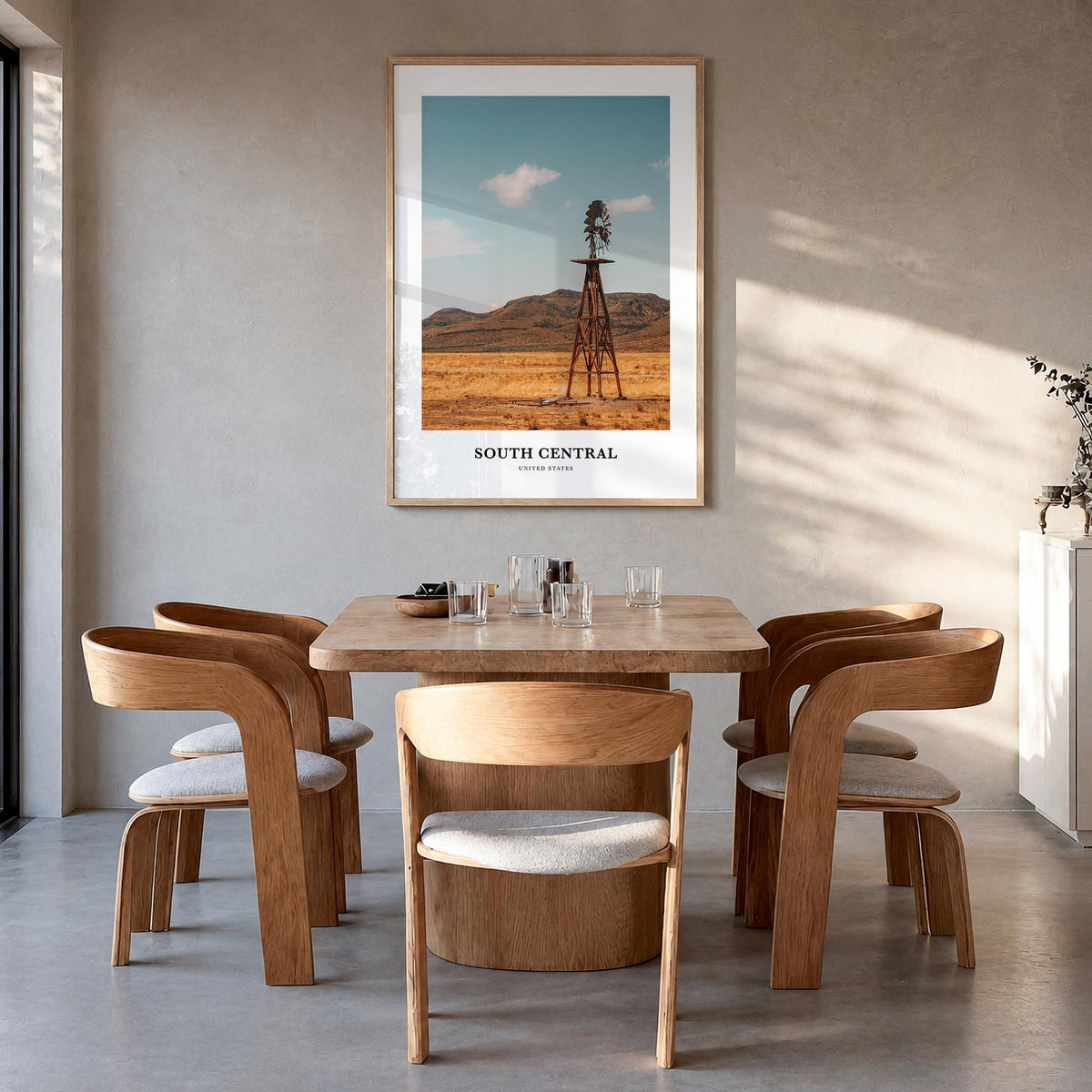 South Central colorful classic poster of California, USA – vertical wall art in natural wood frame, hanging on wall