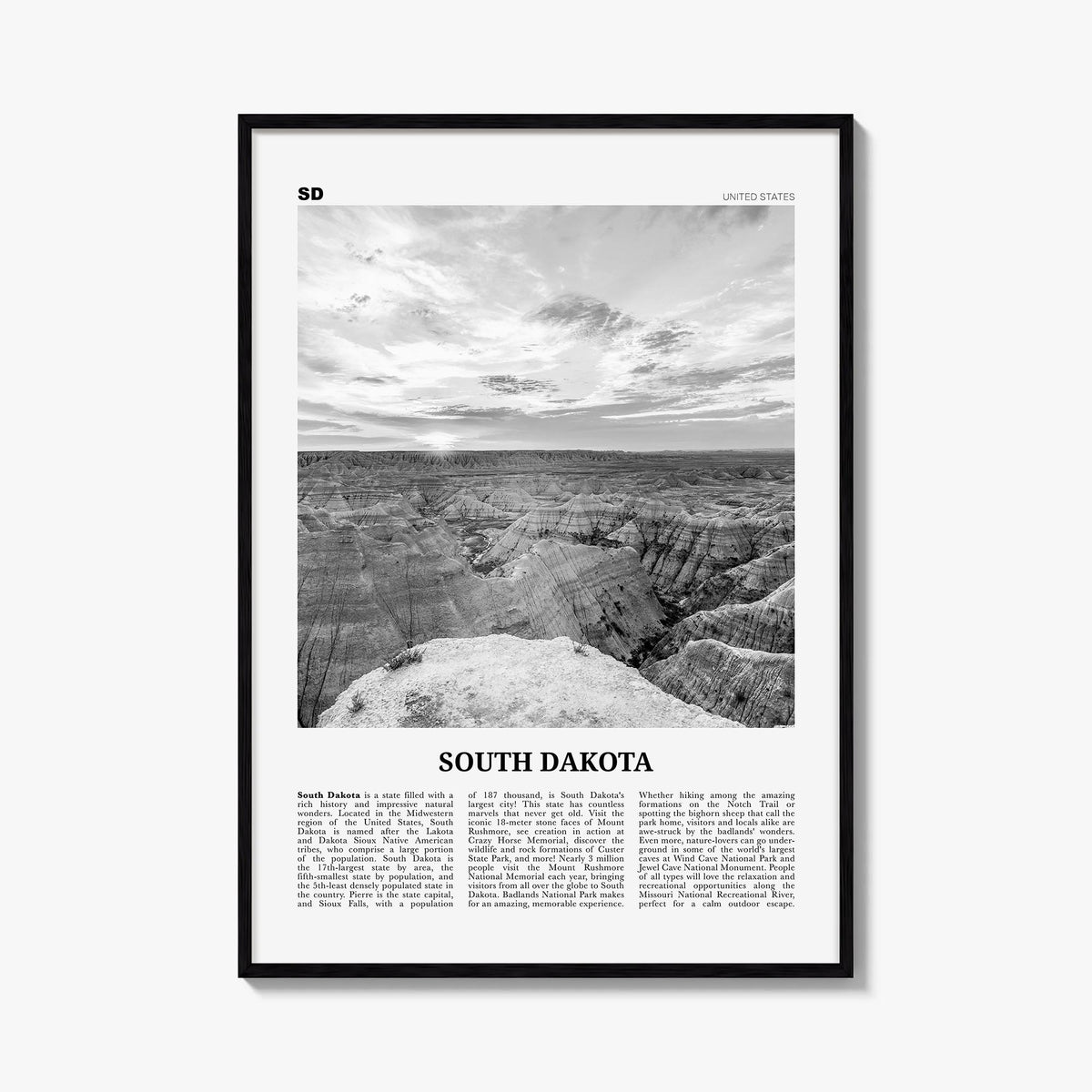 South Dakota no. 2 black & white newspaper poster of United States – vertical wall art, unframed print shown in interior mock