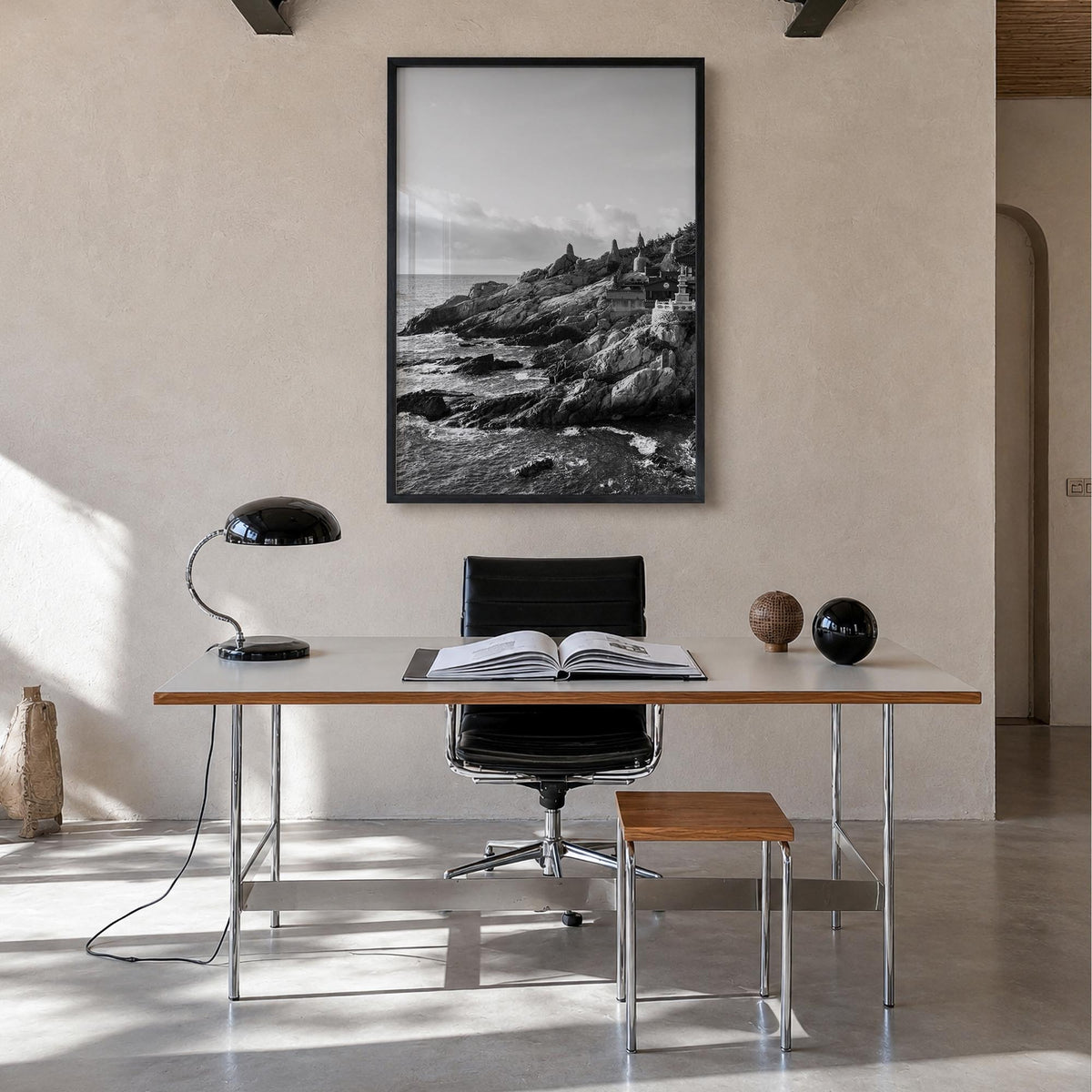 South Korea black & white photo poster of Asia – vertical wall art in black wood frame, hanging on wall