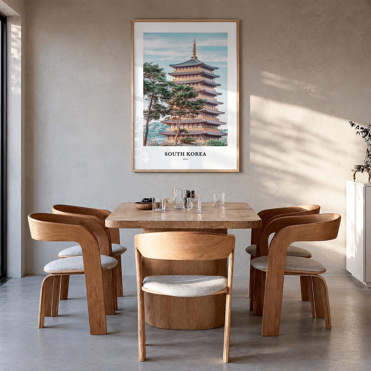 South Korea colorful classic poster of Asia – vertical wall art in natural wood frame, hanging on wall