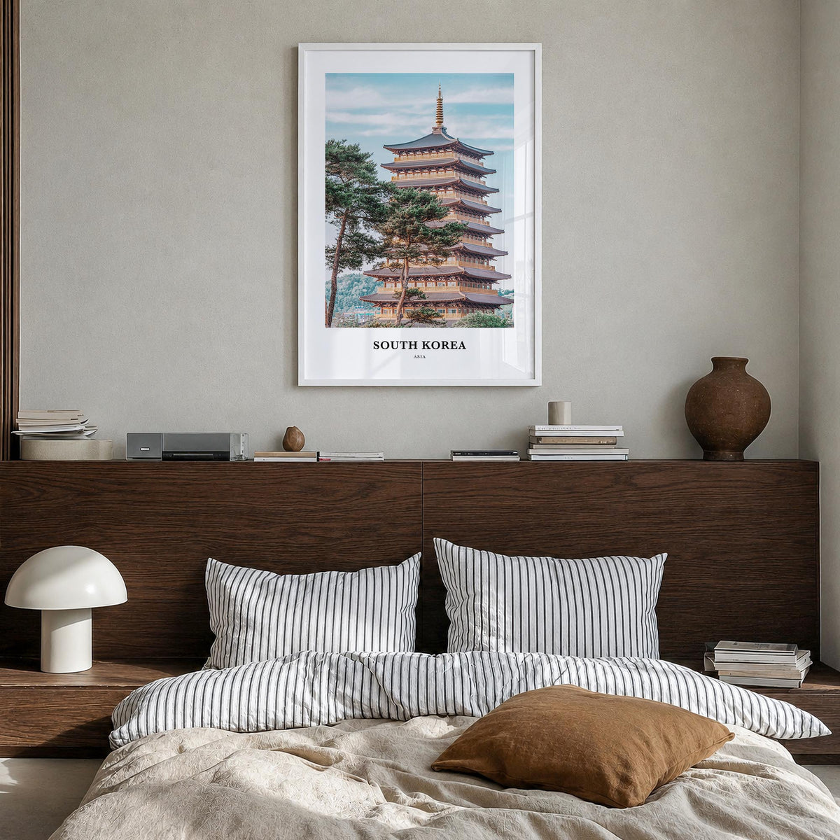 South Korea colorful classic poster of Asia – vertical wall art in white wood frame, hanging on wall