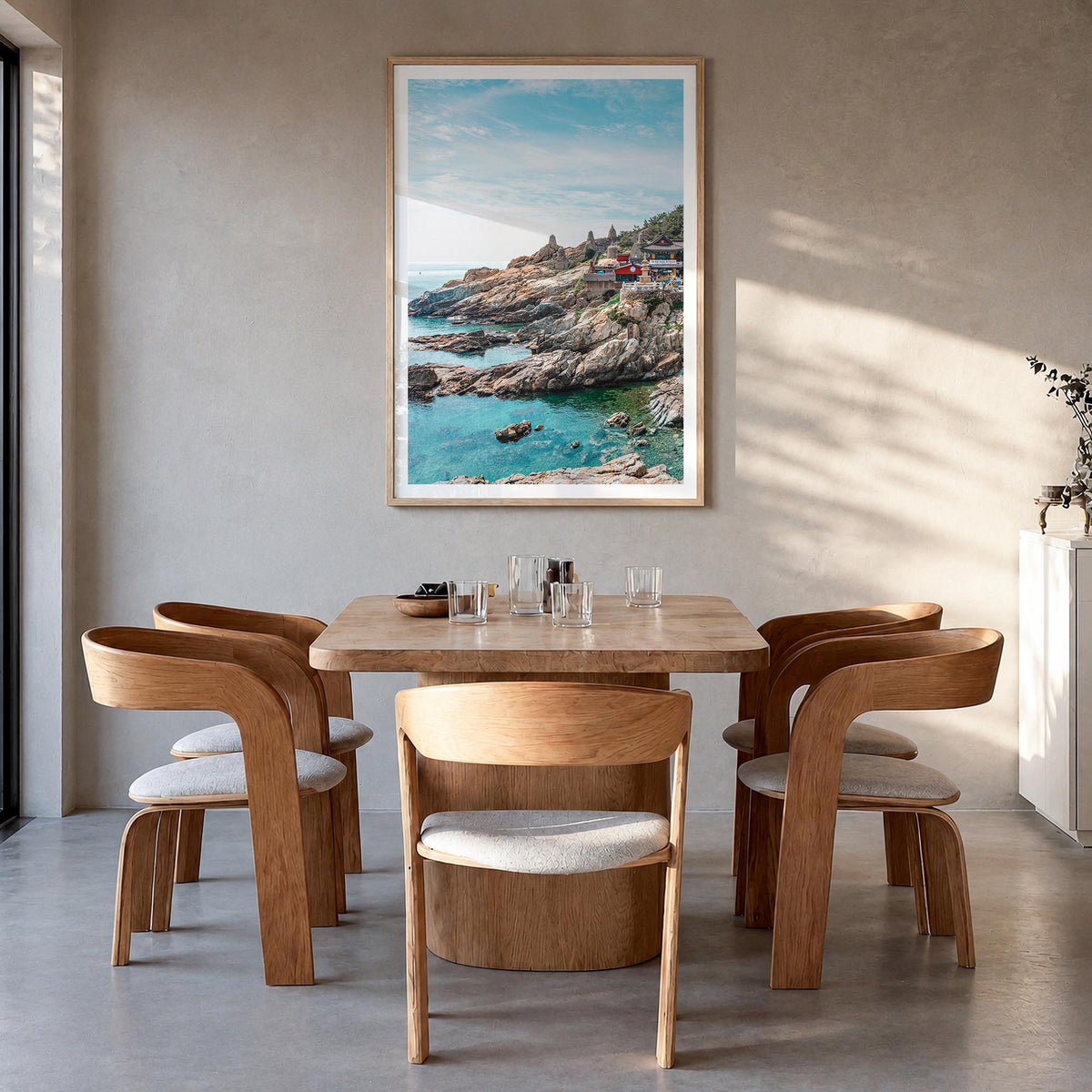 South Korea colorful photo poster of Asia – vertical wall art in natural wood frame with white border, hanging on wall