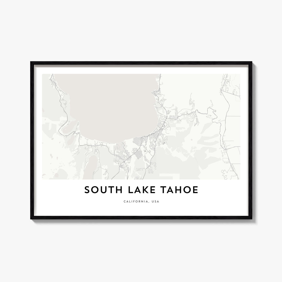 South Lake Tahoe black & white map poster of California, USA – horizontal wall art, unframed print shown in interior mockup