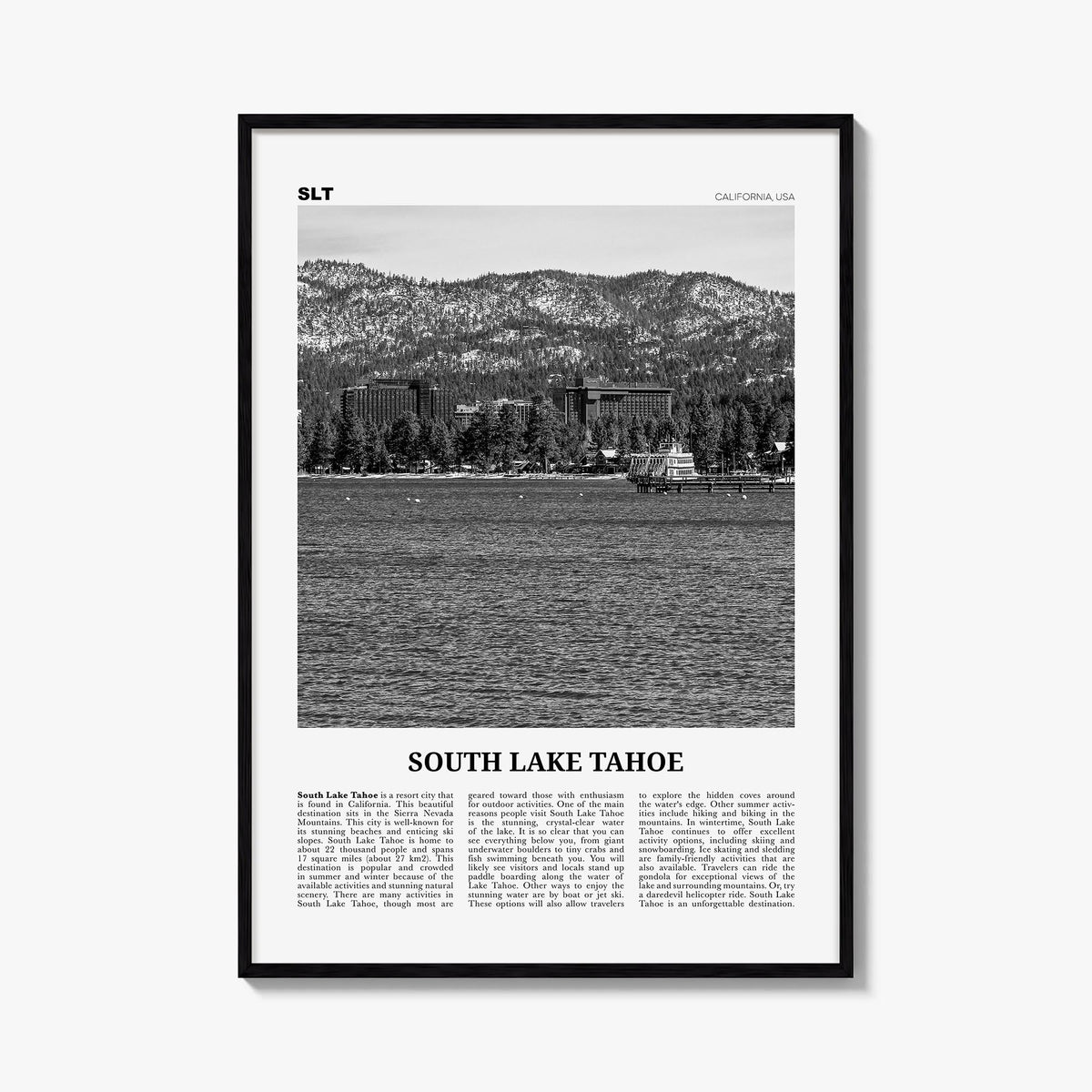 South Lake Tahoe black & white newspaper poster of California, USA – vertical wall art, unframed print shown in interior mock