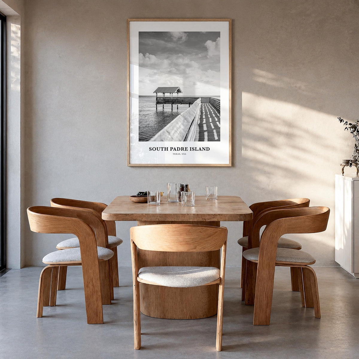 South Padre Island black & white classic poster of Texas, USA – vertical wall art in natural wood frame, hanging on wall
