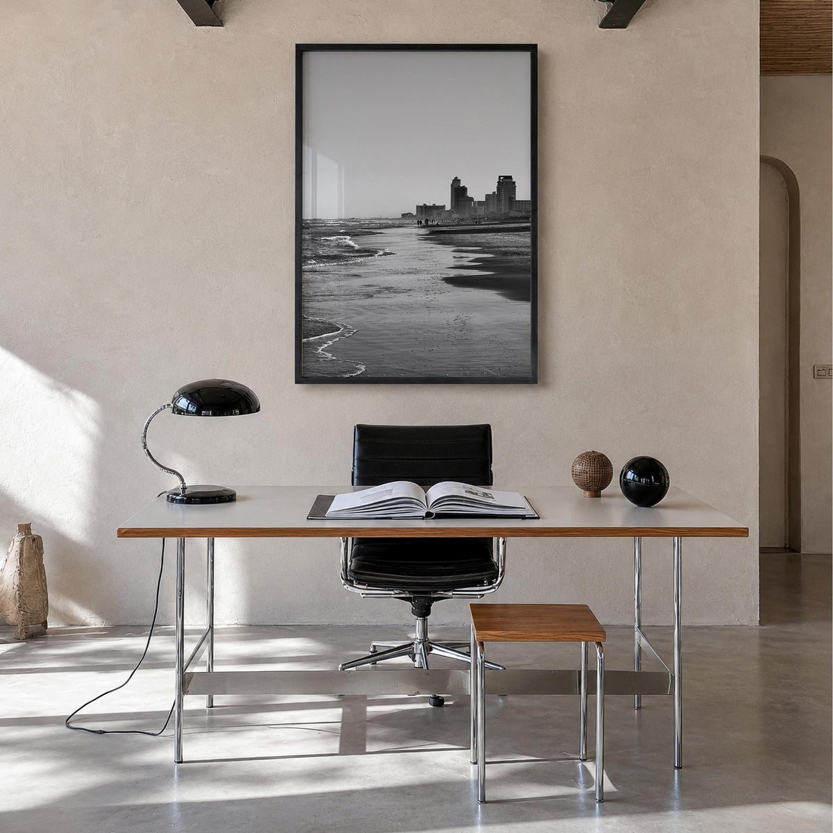 South Padre Island black & white photo poster of Texas, USA – vertical wall art in black wood frame, hanging on wall
