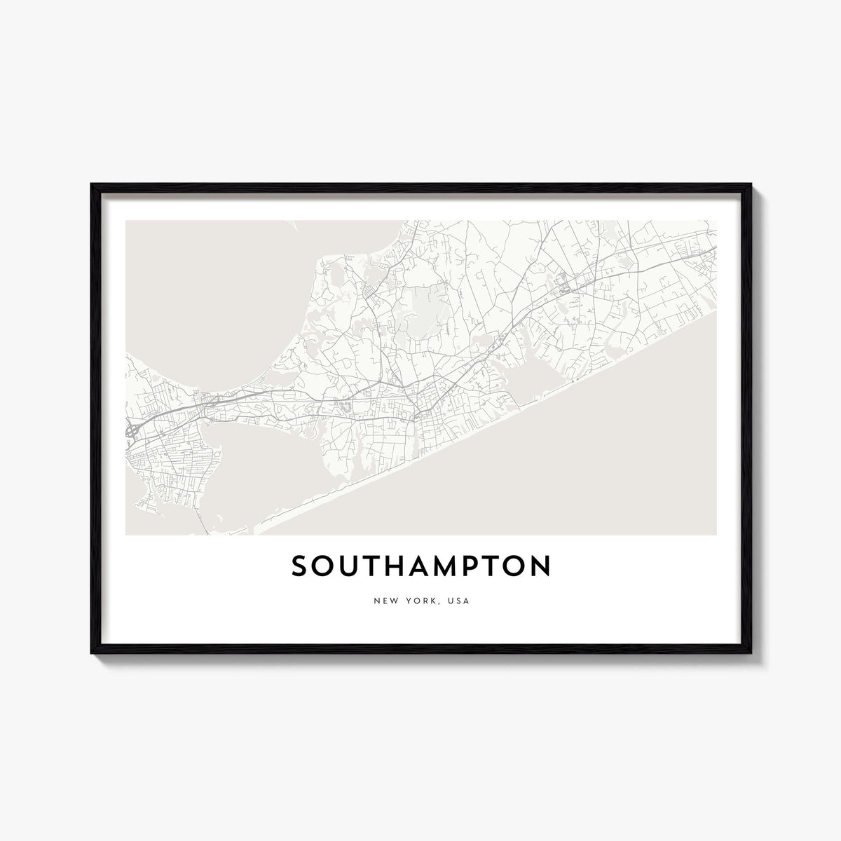 Southampton, New York black & white map poster of New York, USA – horizontal wall art, unframed print shown in interior mocku