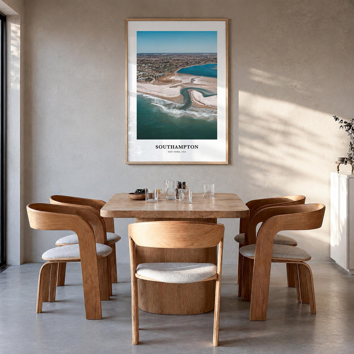Southampton, New York colorful classic poster of New York, USA – vertical wall art in natural wood frame, hanging on wall