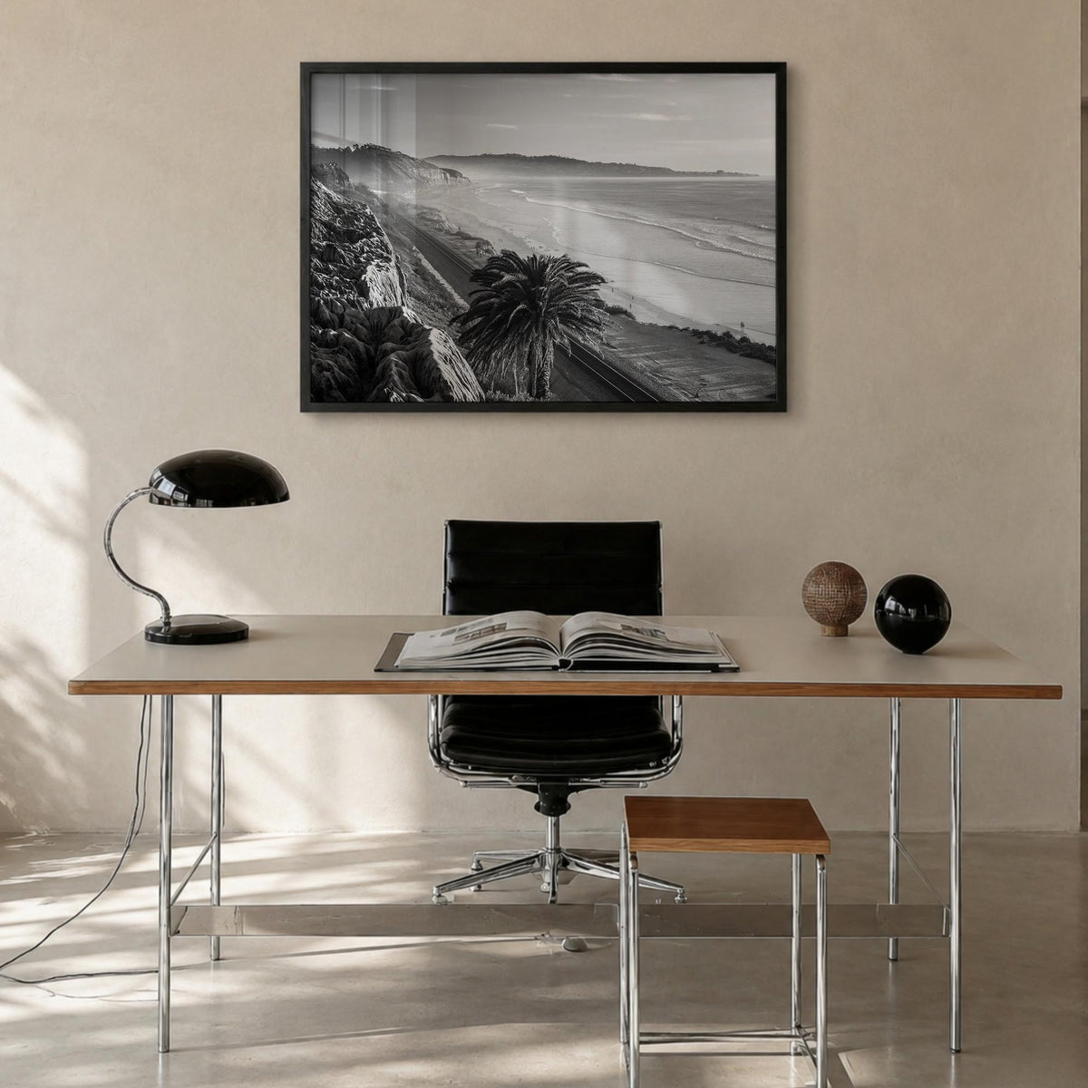 Southern California black & white photo poster of California, USA – horizontal wall art in black wood frame, hanging on wall