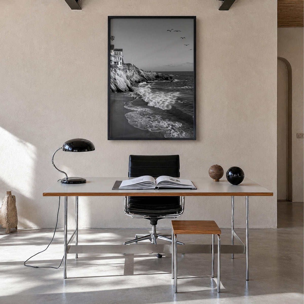 Southern California black & white photo poster of California, USA – vertical wall art in black wood frame, hanging on wall