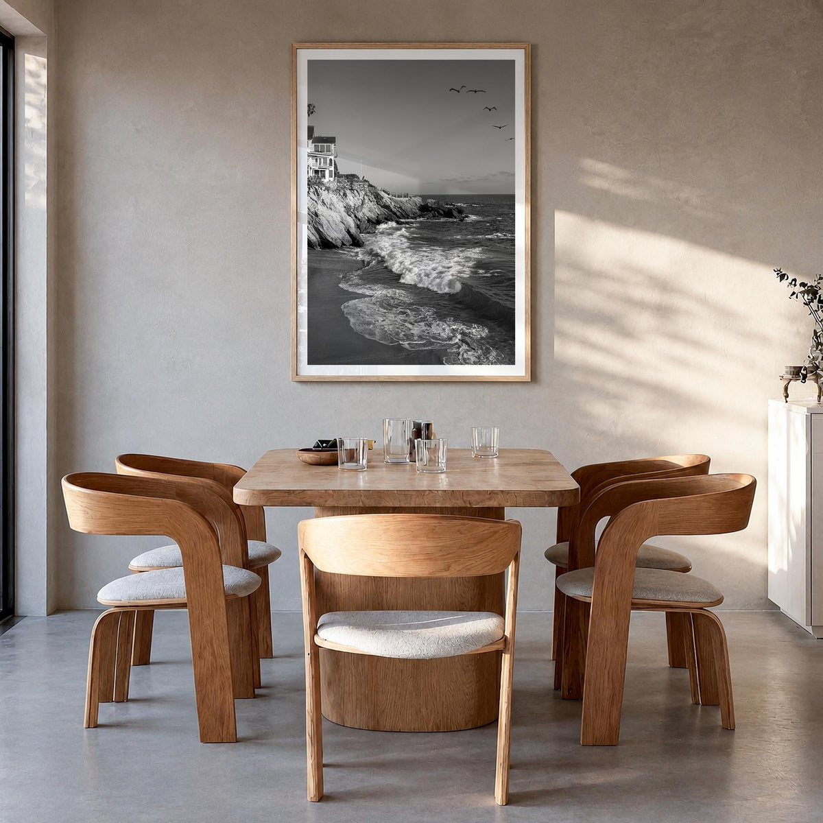 Southern California black & white photo poster of California, USA – vertical wall art in natural wood frame with white border