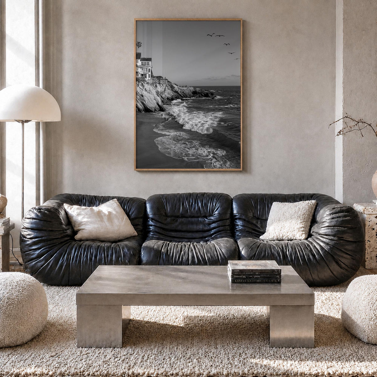 Southern California black & white photo poster of California, USA – vertical wall art in natural wood frame, hanging on wall