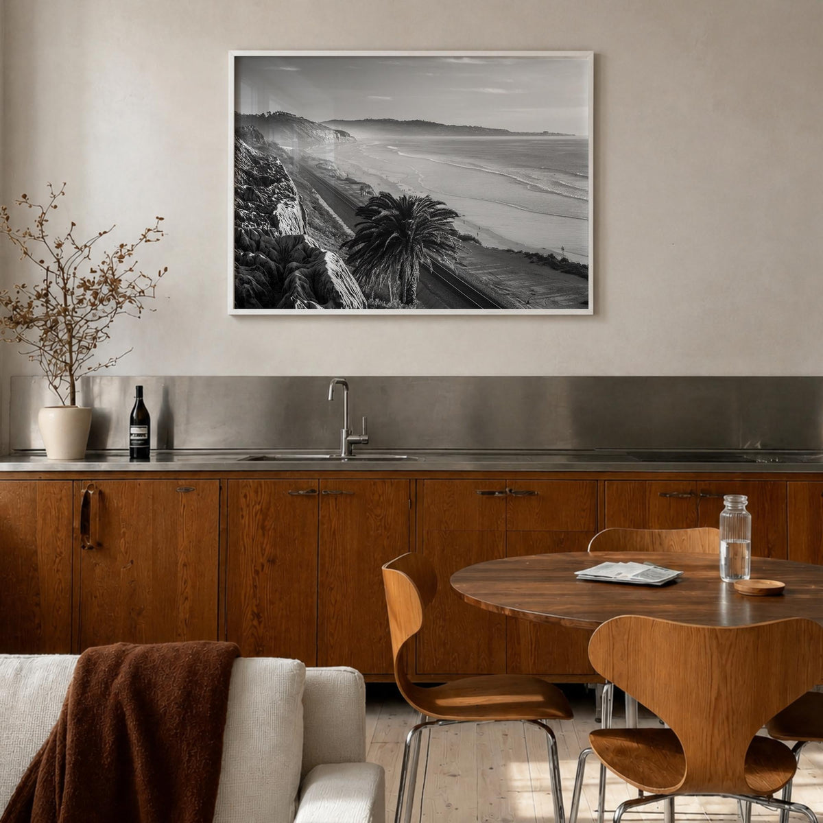 Southern California black & white photo poster of California, USA – horizontal wall art in white wood frame, hanging on wall
