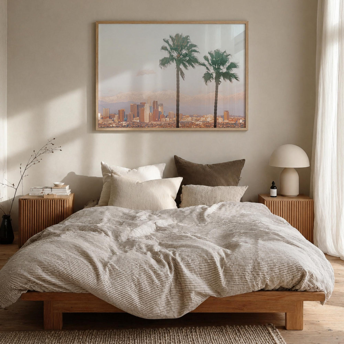 Southern California colorful photo poster of California, USA – horizontal wall art in natural wood frame, hanging on wall