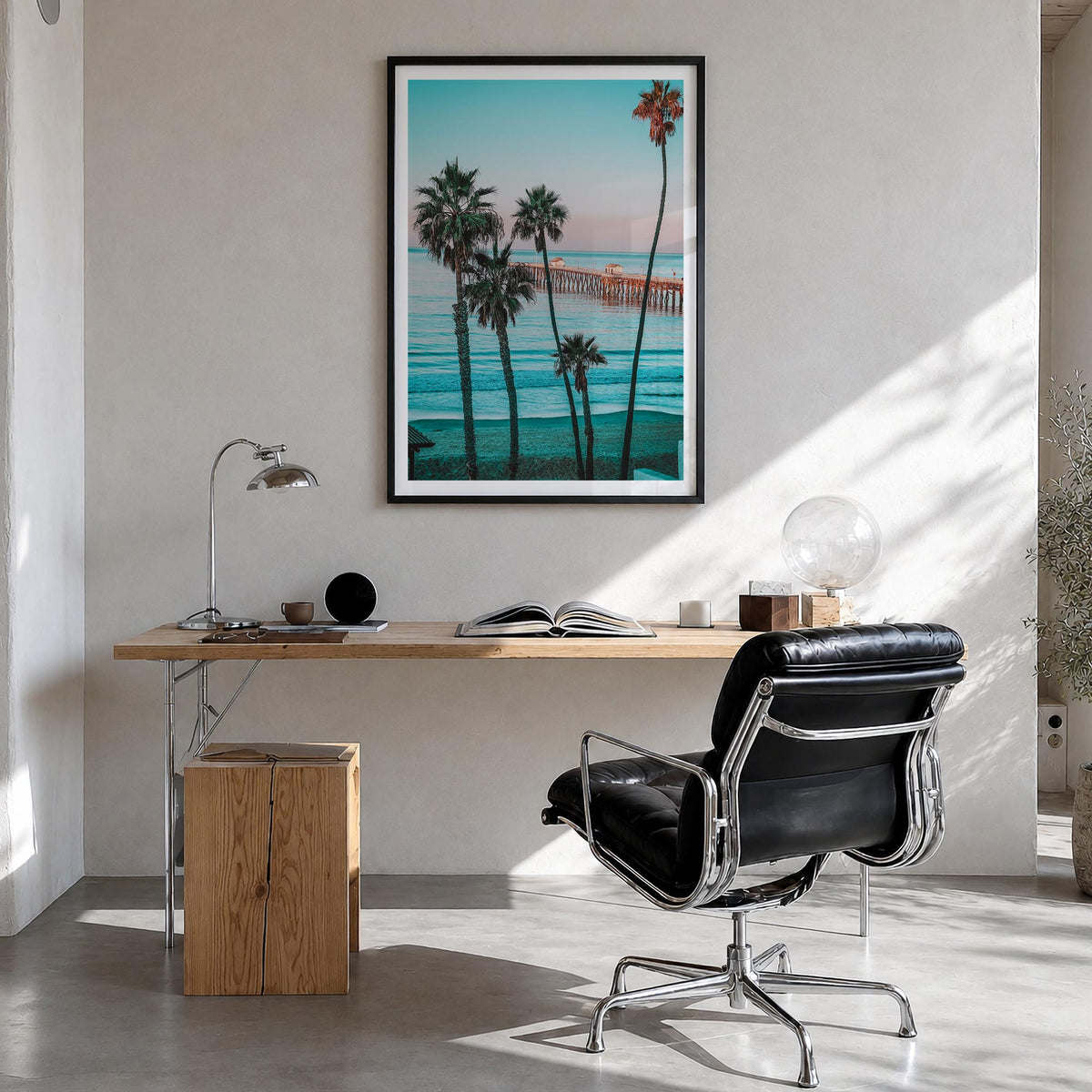 Southern California no. 1 colorful photo poster of California, USA – vertical wall art in black wood frame with white border,