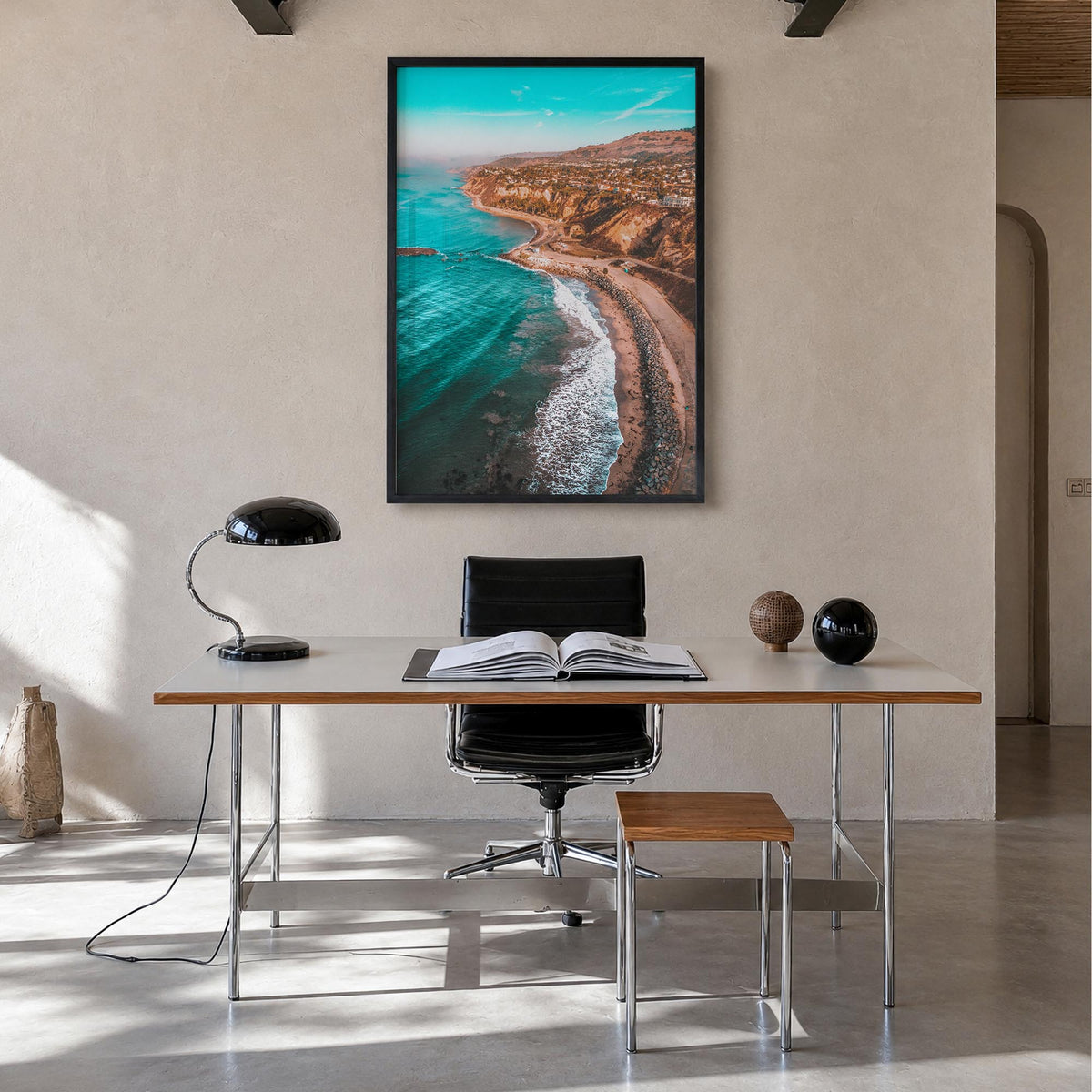Southern California no. 2 colorful photo poster of California, USA – vertical wall art in black wood frame, hanging on wall