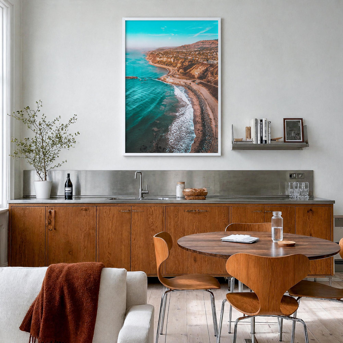 Southern California no. 2 colorful photo poster of California, USA – vertical wall art in white wood frame, hanging on wall