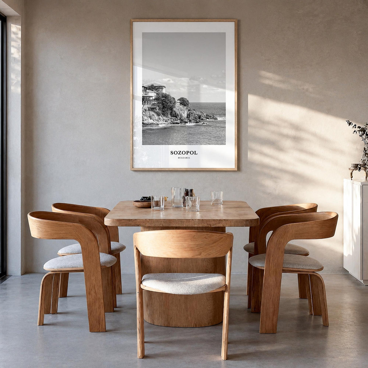 Sozopol black & white classic poster of Bulgaria – vertical wall art in natural wood frame, hanging on wall