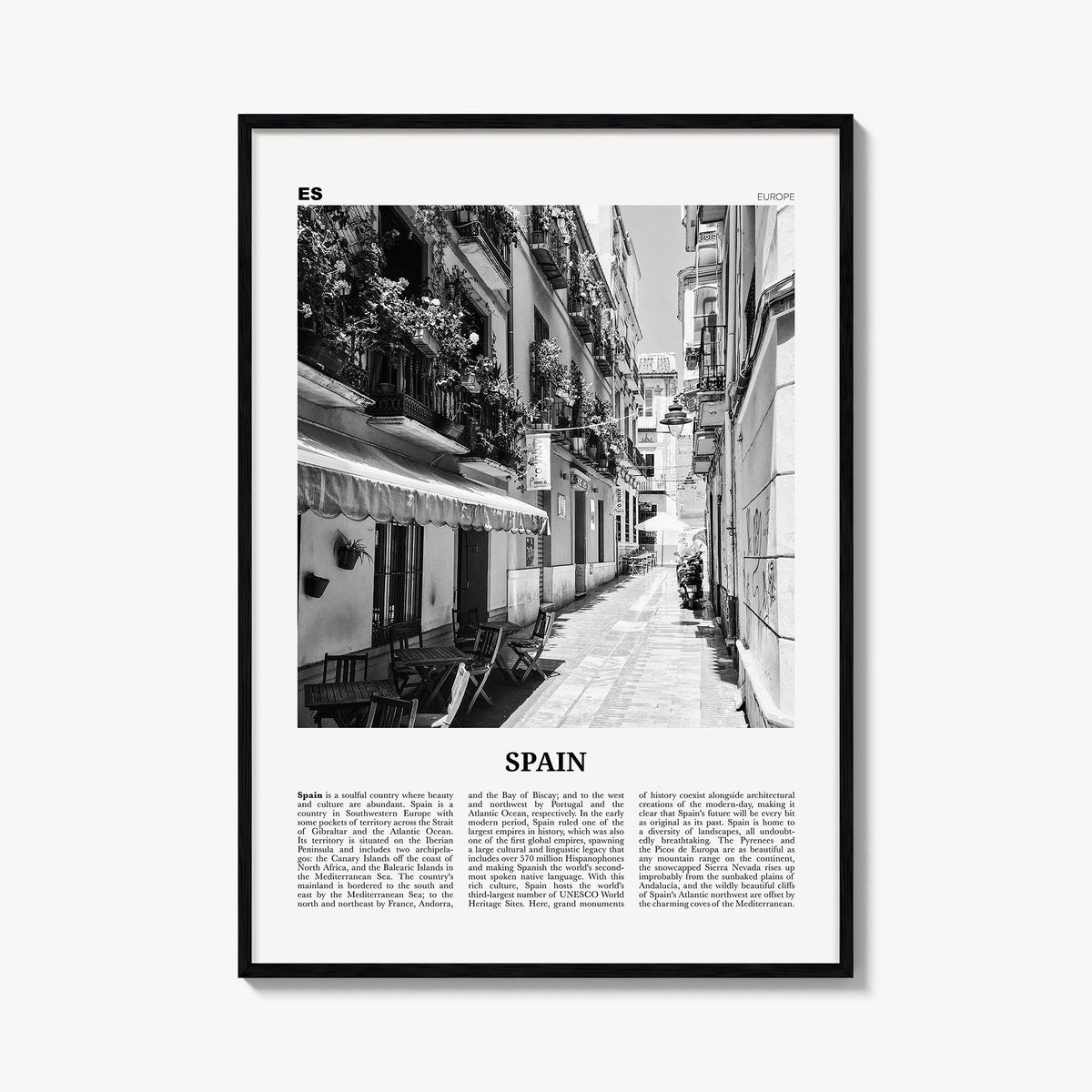 Spain no. 1 black & white newspaper poster of Europe – vertical wall art, unframed print shown in interior mockup