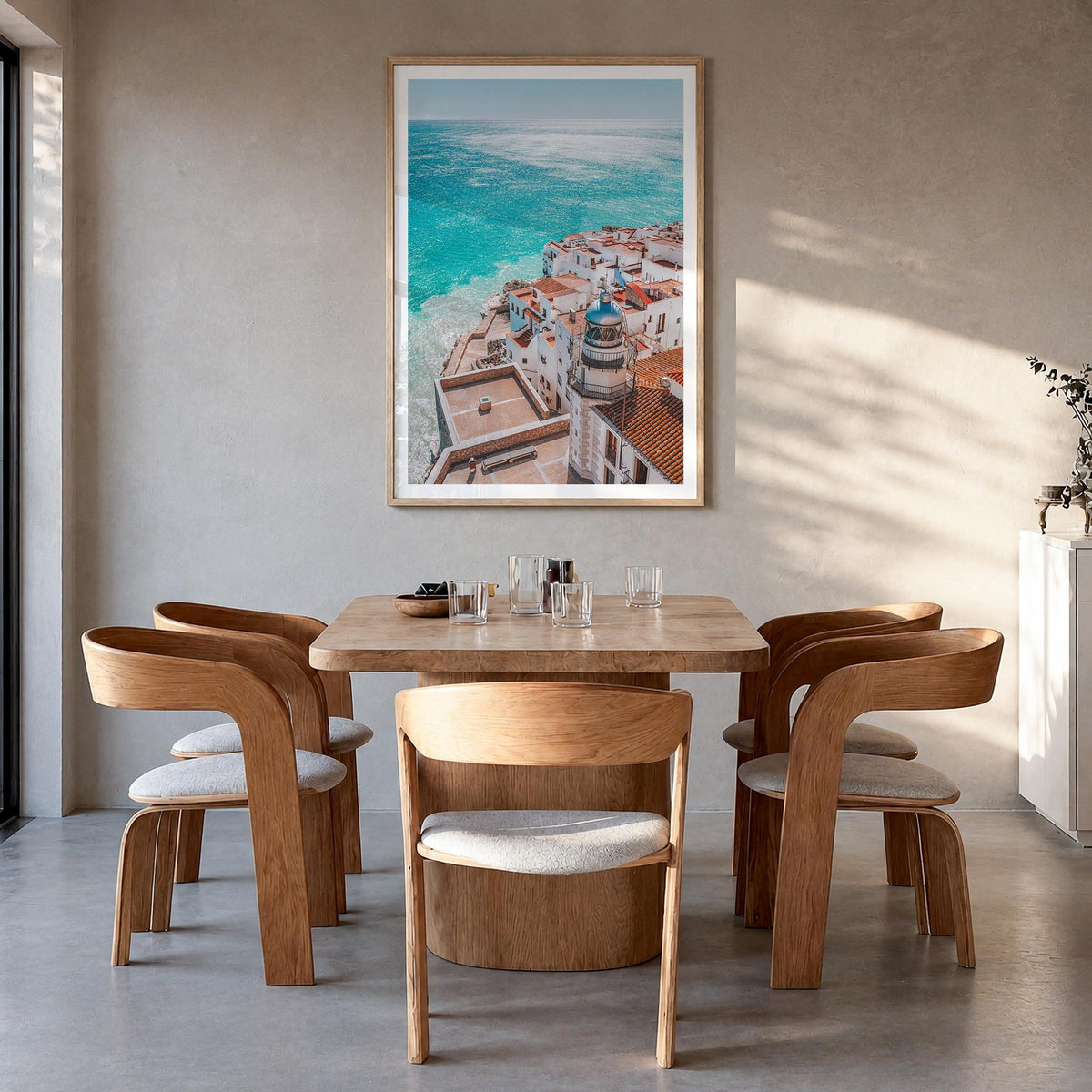 Spain no. 3 colorful photo poster of Europe – vertical wall art in natural wood frame with white border, hanging on wall
