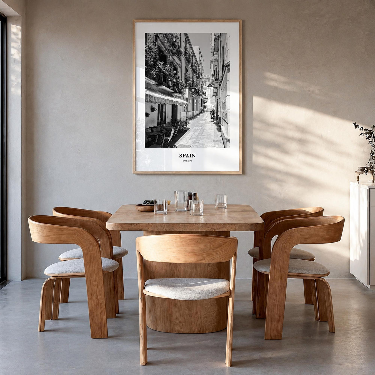 Spain no. 3 black & white classic poster of Europe – vertical wall art in natural wood frame, hanging on wall