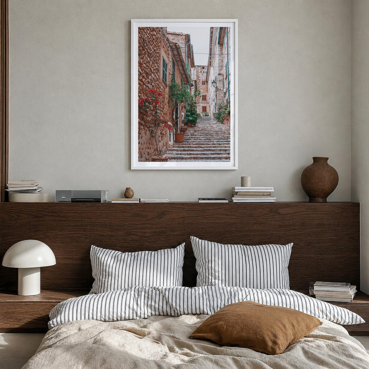 Spain no. 2 colorful photo poster of Europe – vertical wall art in white wood frame with white border, hanging on wall