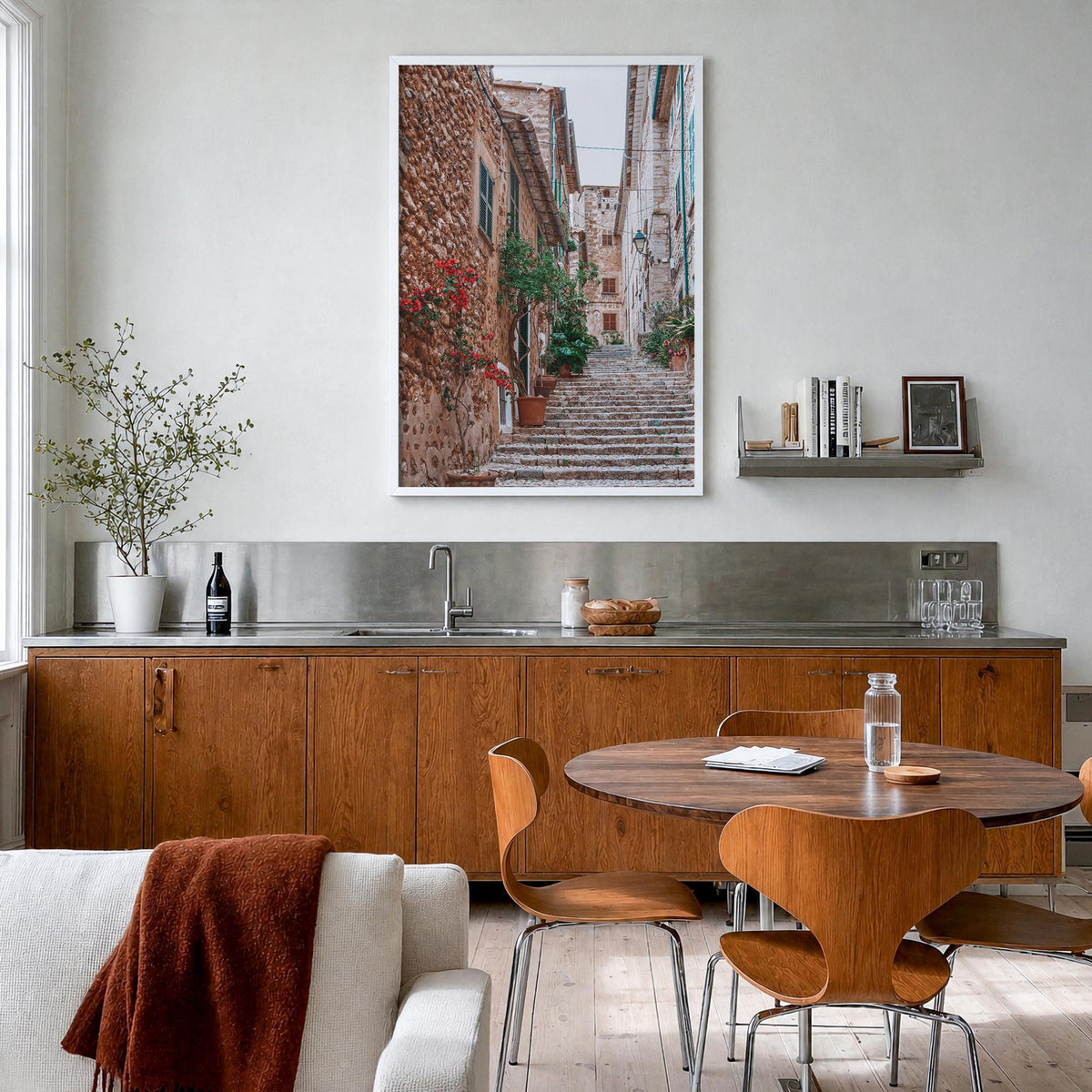 Spain no. 2 colorful photo poster of Europe – vertical wall art in white wood frame, hanging on wall