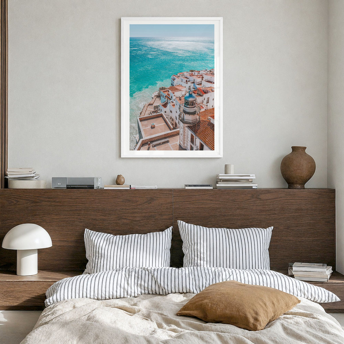 Spain Photo No 1 Poster in a white wood frame, hanging in a bedroom, white border