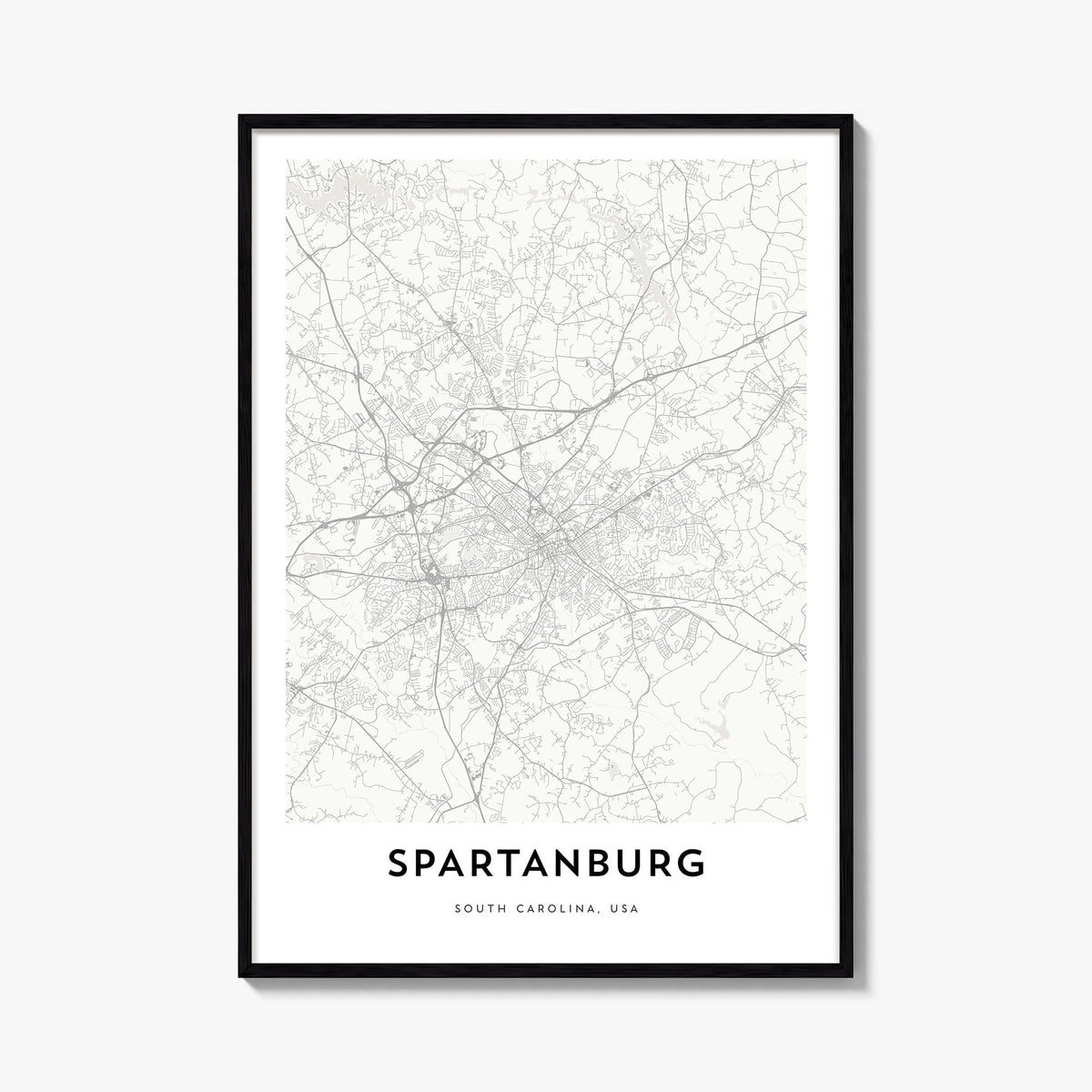 Spartanburg black & white map poster of South Carolina, USA – vertical wall art, unframed print shown in interior mockup