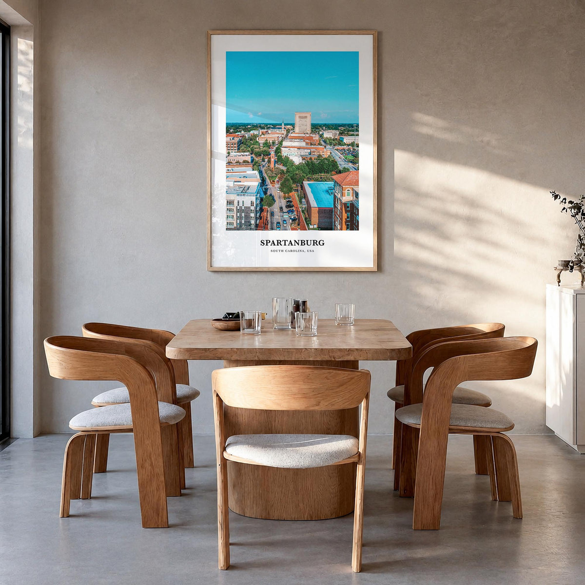 Spartanburg colorful classic poster of South Carolina, USA – vertical wall art in natural wood frame, hanging on wall