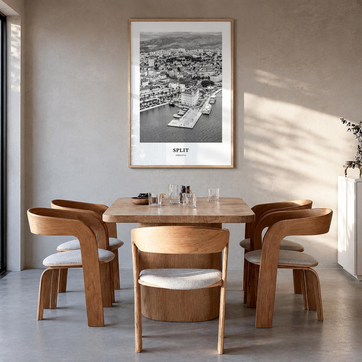 Split black & white classic poster of Croatia – vertical wall art in natural wood frame, hanging on wall