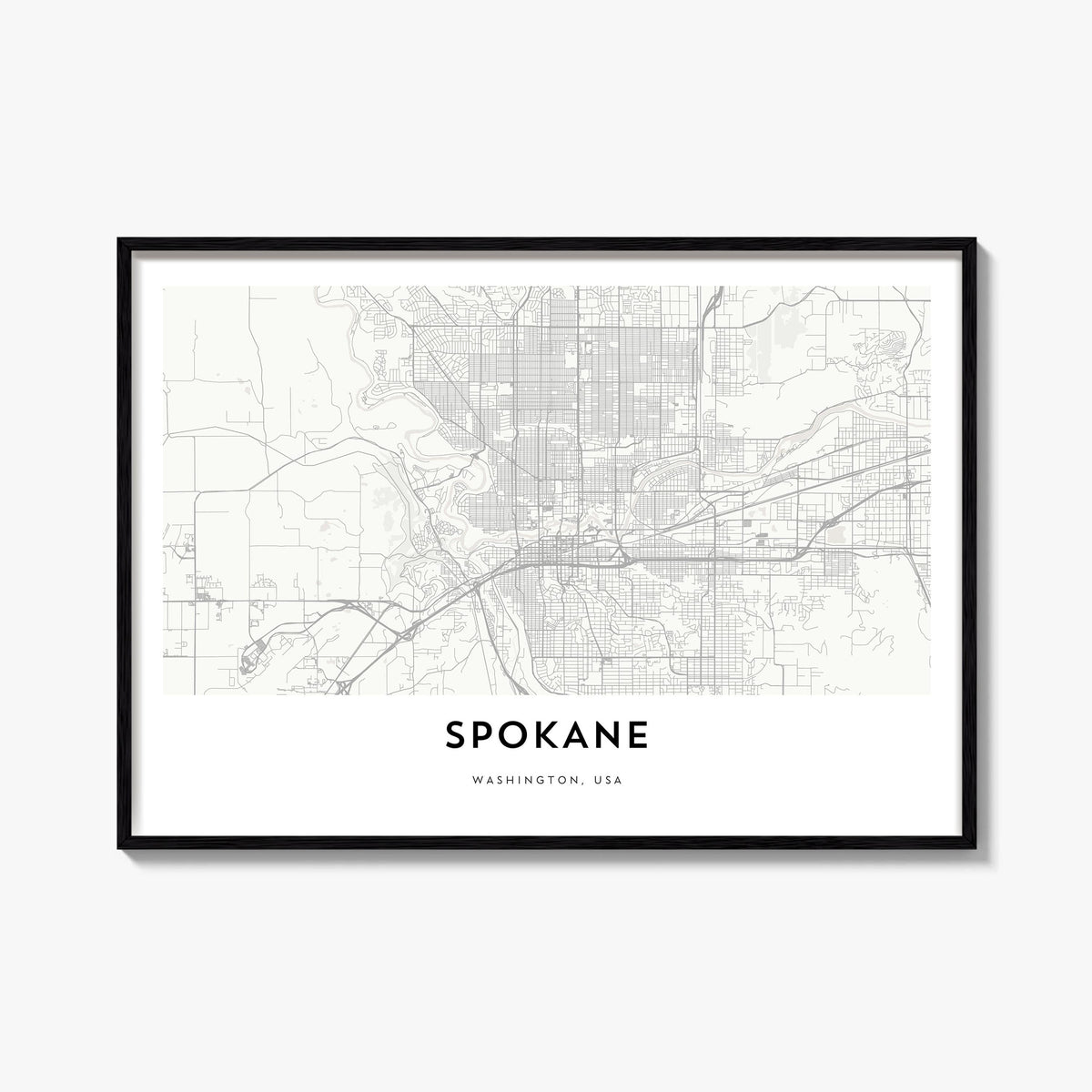 Spokane black & white map poster of Washington, USA – horizontal wall art, unframed print shown in interior mockup