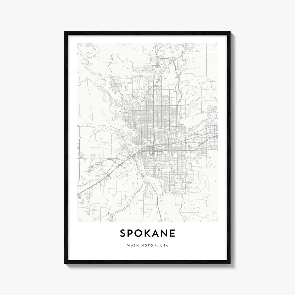 Spokane black & white map poster of Washington, USA – vertical wall art, unframed print shown in interior mockup