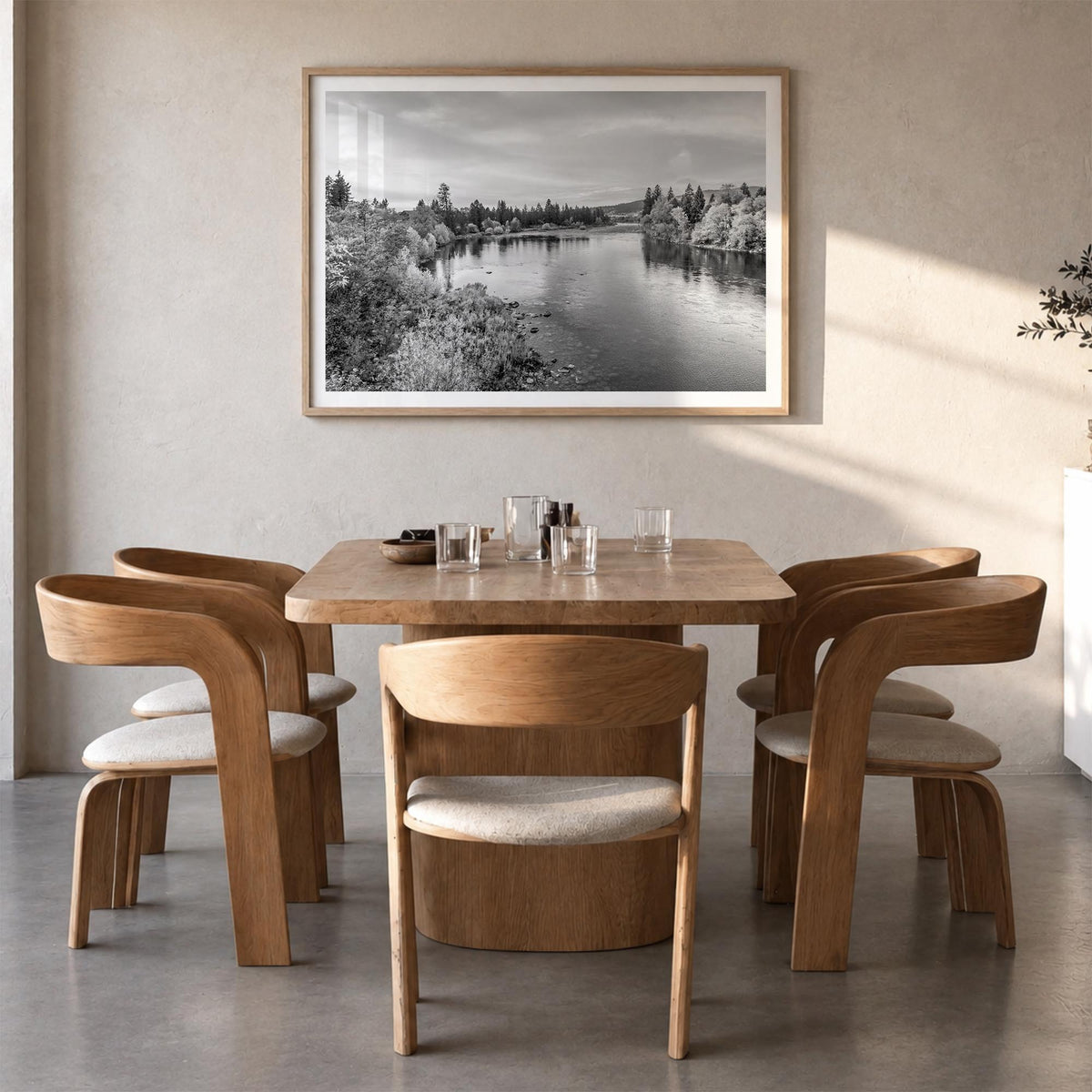 Spokane black & white photo poster of Washington, USA – horizontal wall art in natural wood frame with white border, hanging